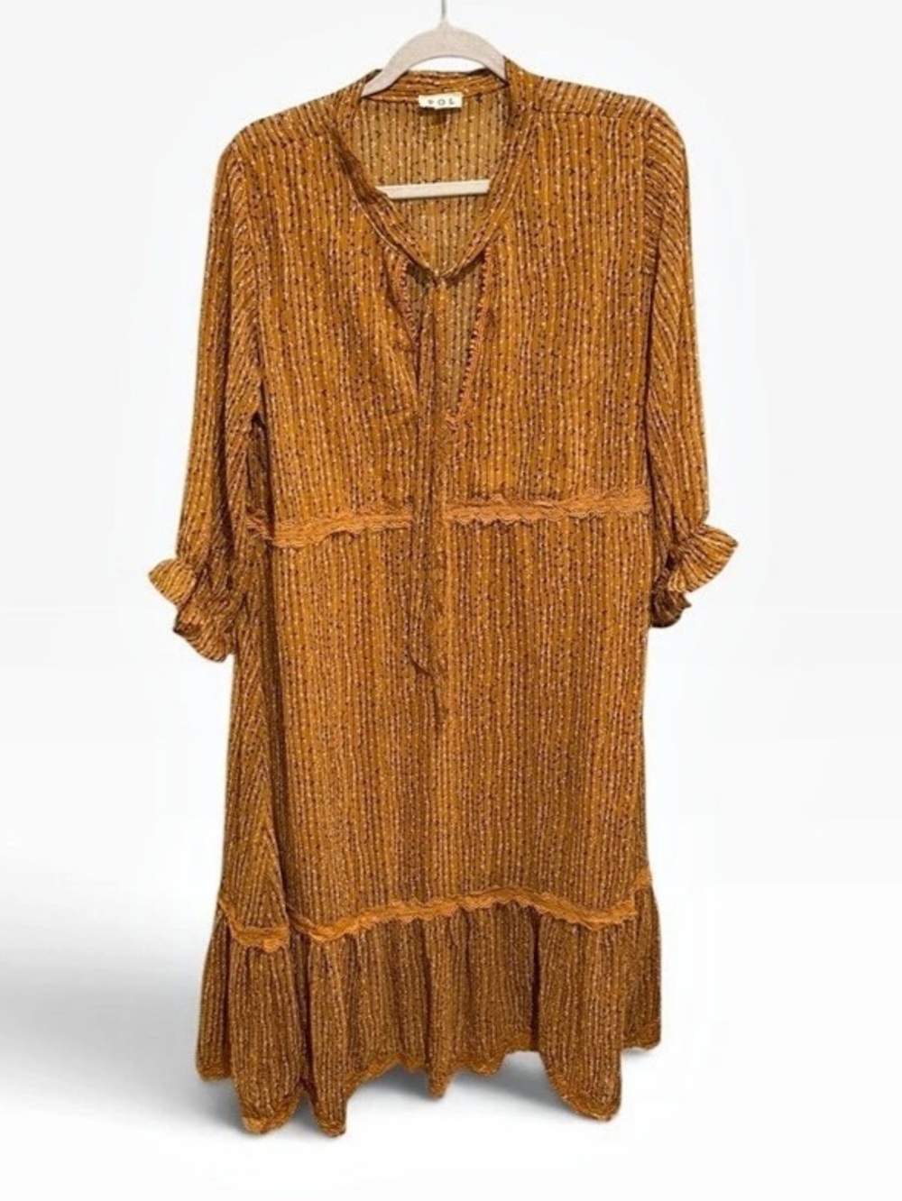 POL Vine Print Lace Trim Tie Neck Maxi Dress Brown Medium